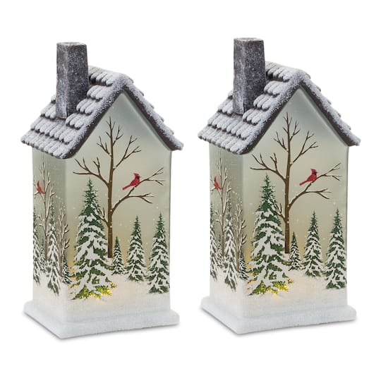 9&#x22; Frosted Glass Home with Cardinals LED Tabletop Town D&#xE9;cor Set